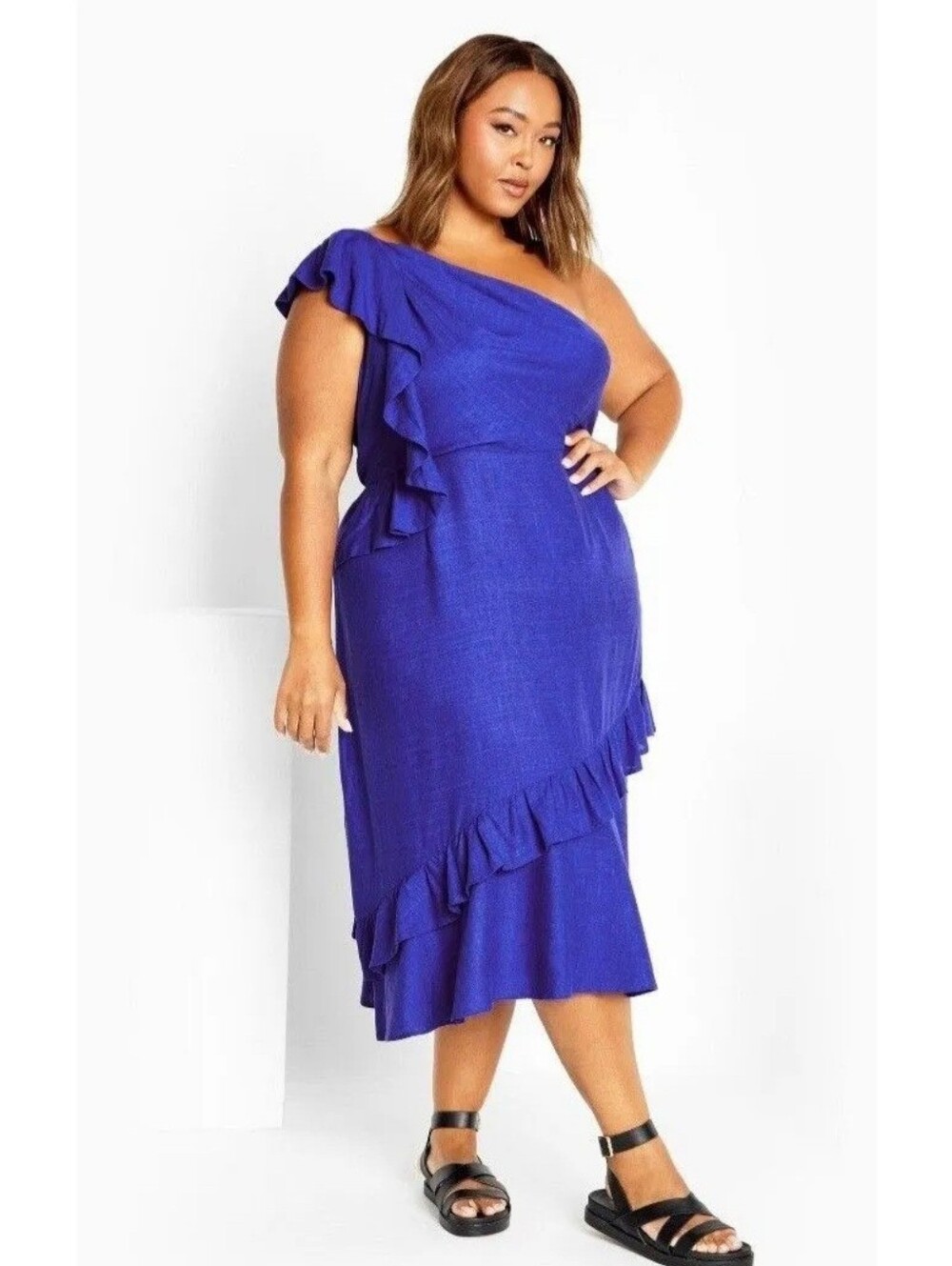 City Chic One-Shoulder Ruffle Midi Dress in Royal Blue - NWT - 26W
